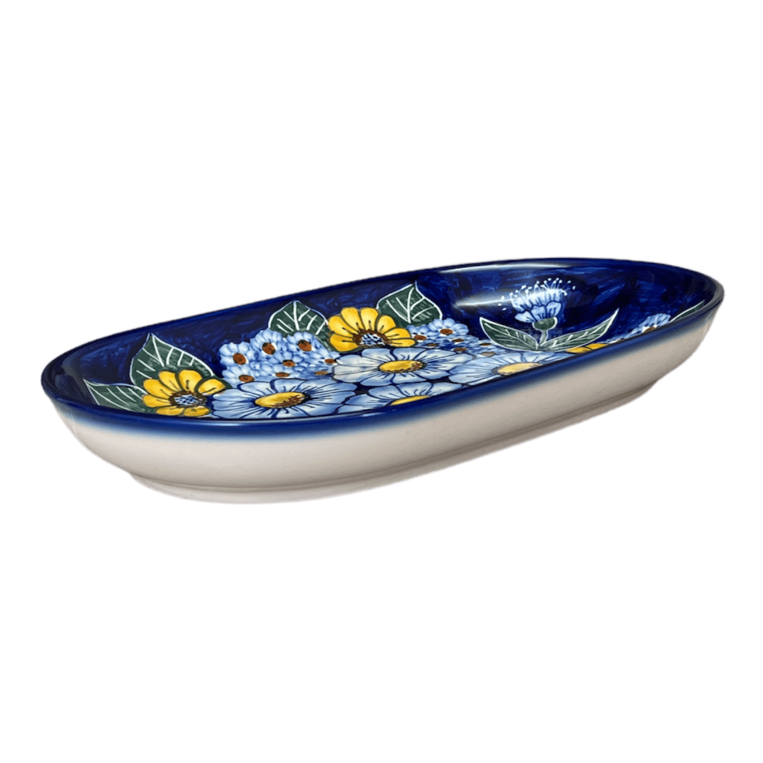 Plate, Roaster, Oval, 7" x 11", WR (WR13B) in "Cobalt Blossoms" by W.R. Ceramika | WR13B-AB5